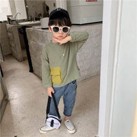 New Korean Version Of Children's Bottoming Shirt, Small And Medium-Sized Children's Big Pocket Round Neck Pullover Top