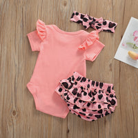 Girls' Short Sleeve Khaki Leopard Lace Pants Headknot