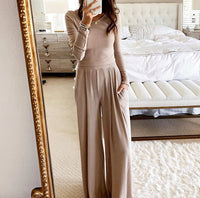 Round Neck Long Sleeve Two-Piece Slim Jumpsuit