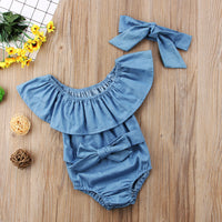 Romper Lotus Leaf Collar Off-Shoulder One-Shoulder Romper Denim Jumpsuit Head Flower