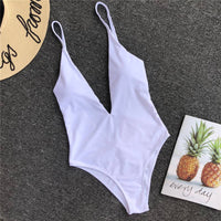Solid color sexy one-piece swimsuit deep V-neck back pleated bikini