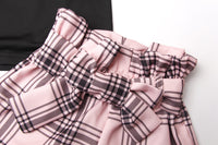Girls' Suit Diagonal Shoulder T-shirt Pink Plaid Flower Bud Shorts Two-Piece Suit