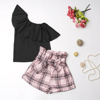 Girls' Suit Diagonal Shoulder T-shirt Pink Plaid Flower Bud Shorts Two-Piece Suit