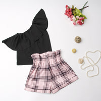 Girls' Suit Diagonal Shoulder T-shirt Pink Plaid Flower Bud Shorts Two-Piece Suit
