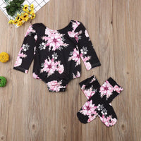 Girls Spring And Autumn Two-Piece Long-Sleeved Floral Romper And Tights