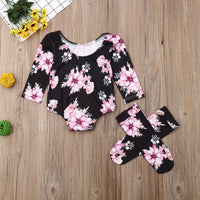 Girls Spring And Autumn Two-Piece Long-Sleeved Floral Romper And Tights