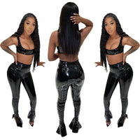 PU Leather Fashion Sexy Split Foot Leather Pants Two Piece Suit