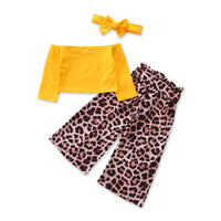 One-shoulder Yellow Long Sleeve  Leopard Print Wide Leg Pants Children's Fashion 2-Piece Set