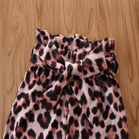 One-shoulder Yellow Long Sleeve  Leopard Print Wide Leg Pants Children's Fashion 2-Piece Set