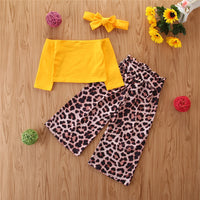 One-shoulder Yellow Long Sleeve  Leopard Print Wide Leg Pants Children's Fashion 2-Piece Set
