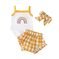 Fashion Three-Piece Baby Girl Sling Romper Plaid Shorts