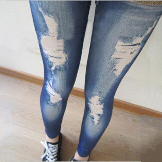 Autumn Thick Thread Big Hole Imitation Denim Leggings