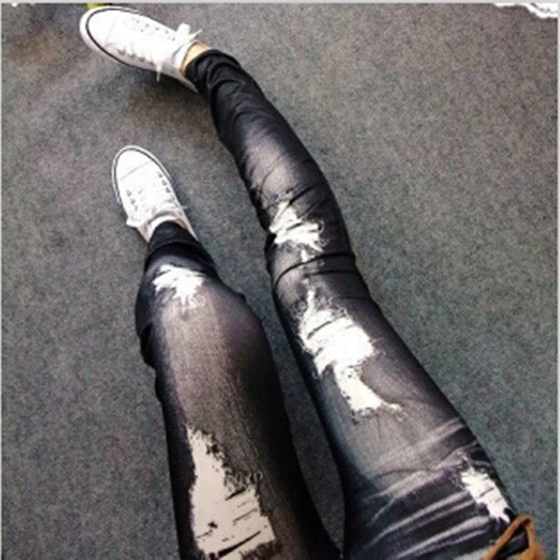 Autumn Thick Thread Big Hole Imitation Denim Leggings