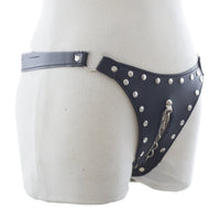 Black Leather Rivet Line Chain Panties Adult Chastity Belt