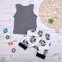 Grey Printed Sleeveless Top And White Cat Printed Bottom Two-Piece Suit