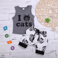Grey Printed Sleeveless Top And White Cat Printed Bottom Two-Piece Suit
