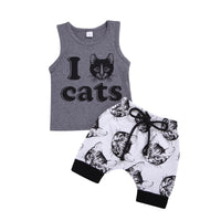 Grey Printed Sleeveless Top And White Cat Printed Bottom Two-Piece Suit