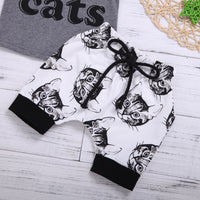 Grey Printed Sleeveless Top And White Cat Printed Bottom Two-Piece Suit