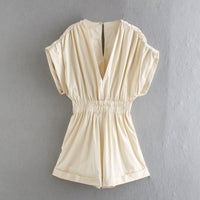 New Pleated Jumpsuit Elastic Waist V-Neck Shorts