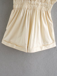 New Pleated Jumpsuit Elastic Waist V-Neck Shorts