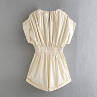 New Pleated Jumpsuit Elastic Waist V-Neck Shorts