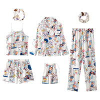 Seven-Piece Pajamas Simulation Silk Long-Sleeved Cardigan Spring And Autumn Set