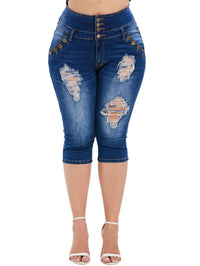 Elastic Hole Large Size High-waist Denim Five-point Pants