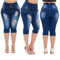 Elastic Hole Large Size High-waist Denim Five-point Pants