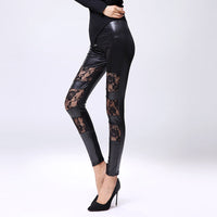 New Style Rose Lace Stitching PU Faux Leather Nine-Point Leggings