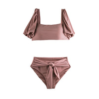 Split High Waist Belt Sleeves Cover Arm Women Swimsuit
