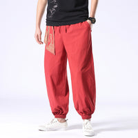 Summer Tang Men's Pants Retro Embroidery Hanfu Necking Pants