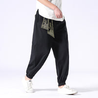 Summer Tang Men's Pants Retro Embroidery Hanfu Necking Pants