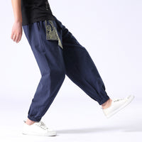 Summer Tang Men's Pants Retro Embroidery Hanfu Necking Pants