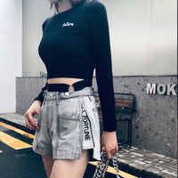 Personalized Side Zipper Letter Split Denim Shorts Women's All-Match Hot Pants