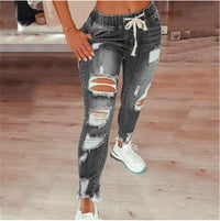 High-waist Lace-up Slim-fit Stretch-leg Trousers Ripped Denim Trousers