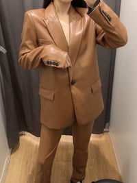 Trendy Temperament Faux Leather Suit Jacket