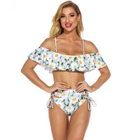 New One-Shoulder Ruffled Lace-Up High-Waist Printed Split Swimsuit