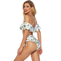 New One-Shoulder Ruffled Lace-Up High-Waist Printed Split Swimsuit