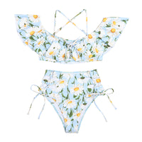 New One-Shoulder Ruffled Lace-Up High-Waist Printed Split Swimsuit