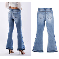 Denim Embroidered Women's Trousers, Wide-Leg Washed Flared Jeans, Plus Size Trousers