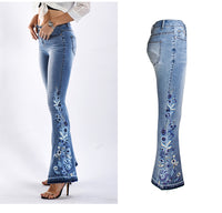Denim Embroidered Women's Trousers, Wide-Leg Washed Flared Jeans, Plus Size Trousers