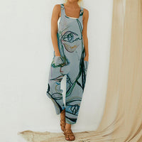 Ladies Printed Cotton And Linen Strap Button Jumpsuit
