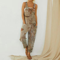 Ladies Printed Cotton And Linen Strap Button Jumpsuit