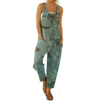 Ladies Printed Cotton And Linen Strap Button Jumpsuit