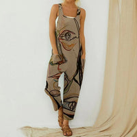 Ladies Printed Cotton And Linen Strap Button Jumpsuit
