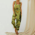 Ladies Printed Cotton And Linen Strap Button Jumpsuit