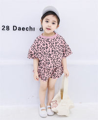 Short-sleeved Shorts Girls Treasure Leopard Print Two-piece Western Style