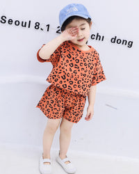 Short-sleeved Shorts Girls Treasure Leopard Print Two-piece Western Style