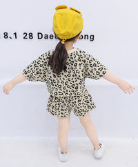 Short-sleeved Shorts Girls Treasure Leopard Print Two-piece Western Style