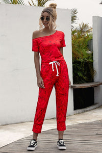 Camouflage Print Short-sleeved Off-the-shoulder Jumpsuit